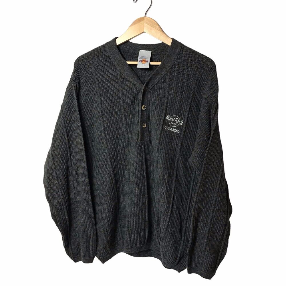 Hard Rock Cafe Sweater Mens‎  Large Gray Henley Orlando Pullover Shirt